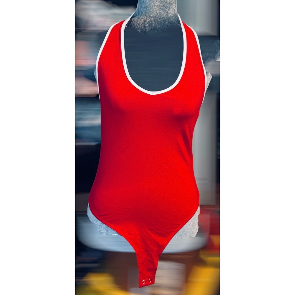 Forever 21 Vintage Style Red & White Contrast Binding Halter Bodysuit Open Back